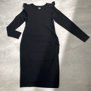 Black ruffle shoulder fitted knee length long sleeve maternity dress XS